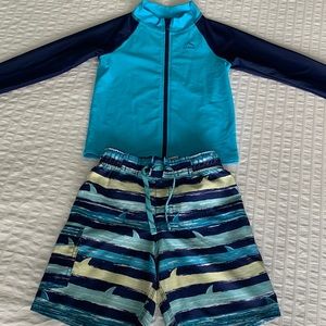 L.L.Bean Swim Trunks and Rash Guard Blue Navy Sharks S4